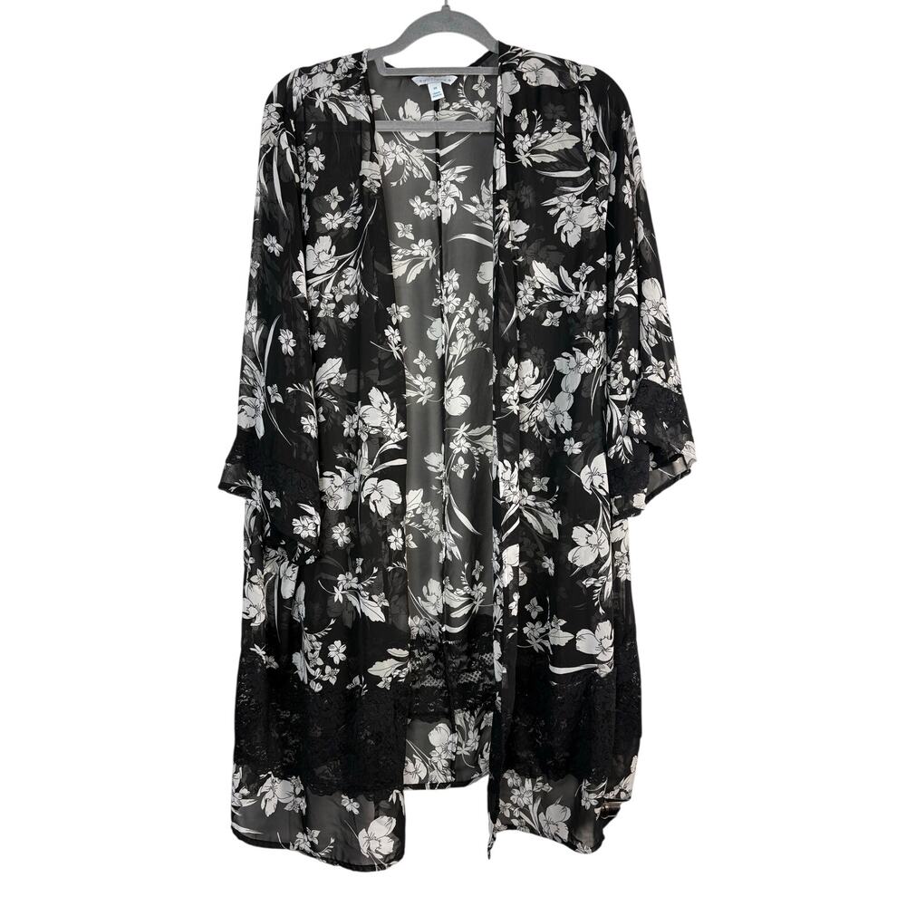 Boutique Kimono Cardigan Lace Trim Floral Black White Floral Plus Size 2X